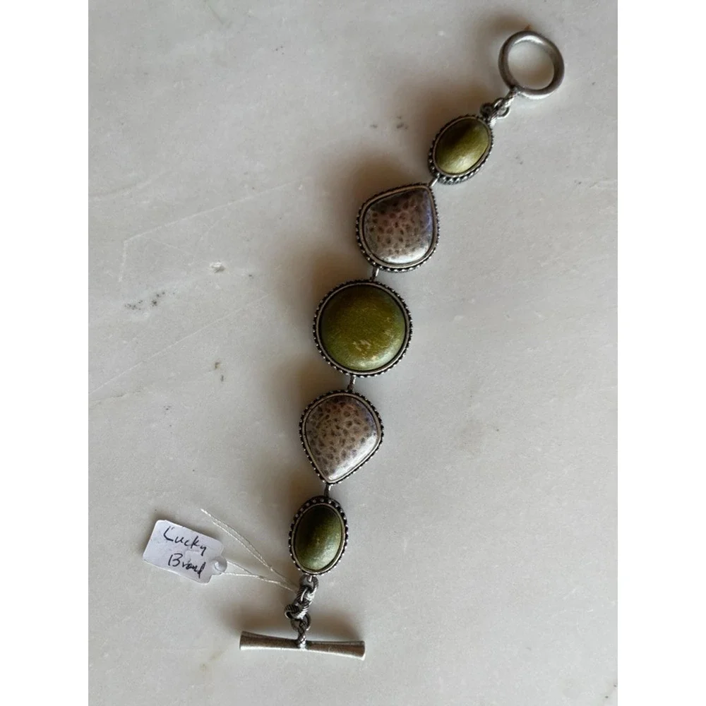 LUCKY BRAND Vintge Reversible Silver Tone Link Bracelet Toggle 8” Green Stones